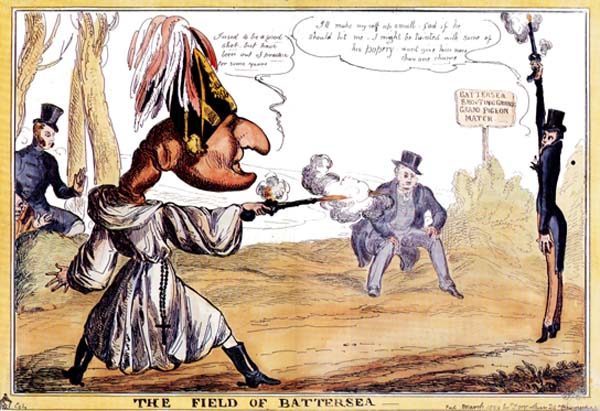 Уильям Хит. «Поле Баттерси», 1829. Современная событию сатира на поединок Веллингтона и Уинчилси; карикатурная сцена не заменяет письма участников.