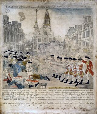 «Кровавая бойня на Кинг-стрит в Бостоне 5 марта 1770 года». Гравюра Пола Ревира, 1770. Изображение носило пропагандистский характер и не является буквальной фиксацией расположения…