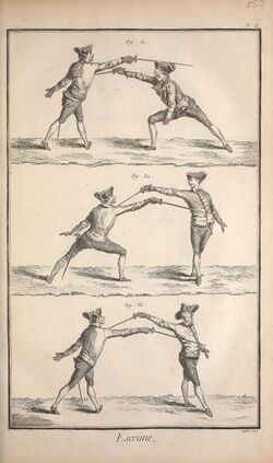 Таблица X о фехтовании из французской «Энциклопедии», 1765 год. Систематизация движений клинка и систематизация дуэльного поведения относились к разным областям знания.