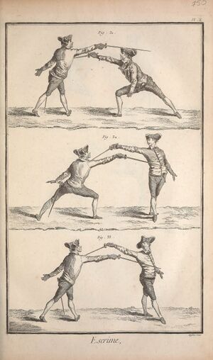 Парные фехтовальные упражнения. Таблица X «Энциклопедии», 1765.