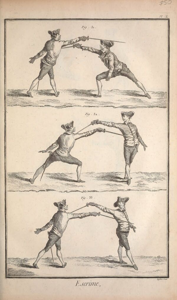 Фехтовальные упражнения на гравюре французской «Энциклопедии», 1765. Иллюстрация культуры систематического обучения оружию; не изображение четверной дуэли.