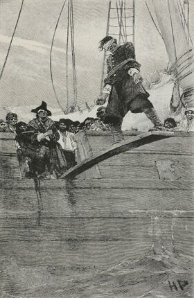 «Прогулка по доске». Иллюстрация Пайла, 1887; воспроизведение в «Книге пиратов» 1921 года. Источник по истории художественного мотива, а не изображение засвидетельствованной казни.