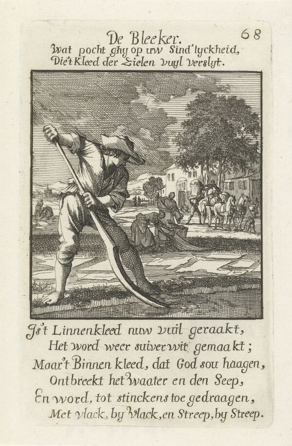 Белильщик у разложенной ткани. Ян и Каспар Лёйкен, «Het Menselyk Bedryf», 1694. Рейксмюсеум, RP-P-OB-44.524.