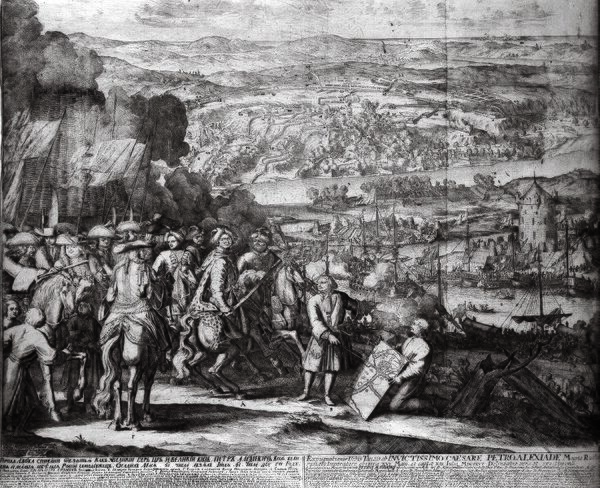 Адриан Шхонебек. «Взятие Азова», 1699 год. Гравюра объединяет виды крепости, осадных работ и флота в памятную панораму победы.