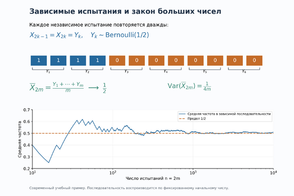Зависимые парные испытания, для которых выполняется закон больших чисел. Современный учебный пример; исторические наблюдения не воспроизводятся.