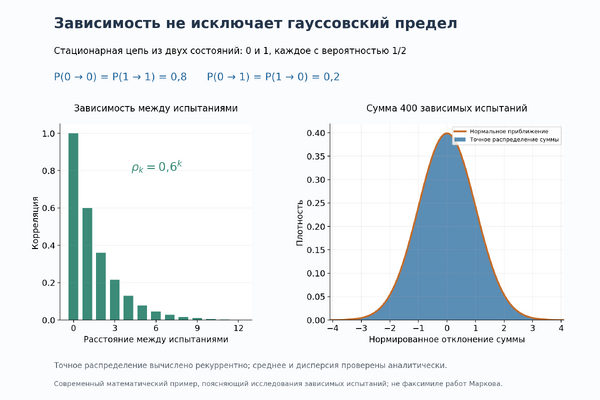 Зависимость испытаний и нормальное приближение распределения их суммы. Современная учебная модель цепи с двумя состояниями, поясняющая тематику работ Маркова.