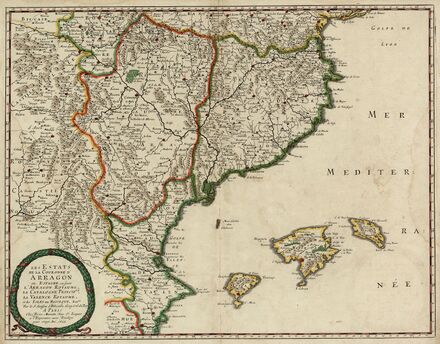 Земли Арагонской короны на карте Николя Сансона, 1653. Историческая география восточной Испании; карта не показывает построения армий при Альмансе.