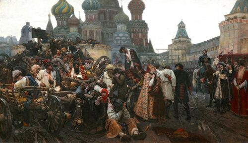 Василий Суриков. Утро стрелецкой казни, 1881 год. Художественное осмысление событий 1698 года. Третьяковская галерея.
