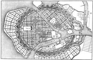 Проект планировки Петербурга Жана-Батиста Леблона, 1717 год. Он показывает замысел регулярного города; проект не был осуществлён полностью.