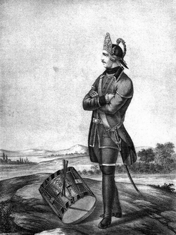 Бомбардирский барабанщик, 1757–1758 годы. Иллюстрация из свода А. В. Висковатова.