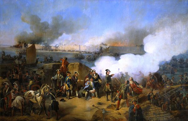 Александр фон Коцебу. «Штурм Нотебурга в 1702 году», 1846. Позднейшая художественная реконструкция, ценная для истории памяти, но не заменяющая планы и донесения участников.