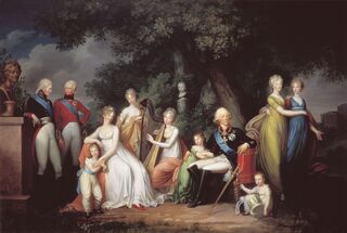 Герхард фон Кюгельген. Семья Павла I, 1800. Государственный музей-заповедник «Павловск». Формы Александра и Константина были частично переписаны уже после смерти императора.