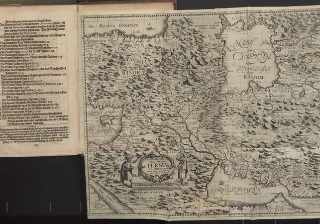 Nova delineatio Persiae et confiniorum — карта Персии и соседних земель, датированная 1655 годом, в издании 1656 года. Слева видны указатель гравюр и исправления. Исторические границы и названия следует читать в системе самого листа. Национальная библиотека Польши, Polona.