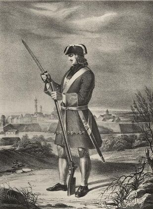 Фузилёр Преображенского полка 1700–1720 годов. А. В. Висковатов, XIX век.