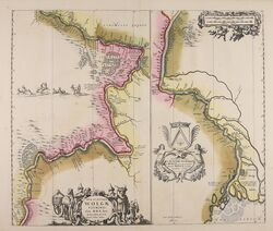 Карта Волги Адама Олеария: Nova et accurata Wolgae fluminis, olim Rha dicti, delineatio. Подлинный картографический лист XVII века.