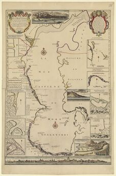 Карта Каспийского моря, 1723 год. Работы Карла Вердена и Гийома Делиля связывают морские измерения с европейским картографическим обменом.