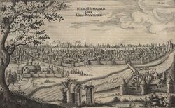Великий Новгород. Гравюра из издания 1656 года. Панорамный вид позволяет изучать образ города и расположение крупных элементов, но не служит точным обмерным планом. Polona /