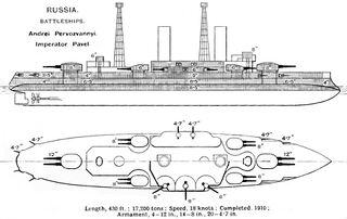 Схема броненосцев типа «Андрей Первозванный» из Brassey's Naval Annual, 1912. На плане обозначены 8-дюймовые и 12-дюймовые установки. С. У. Барнаби. Это схема корабля, а не план ф…
