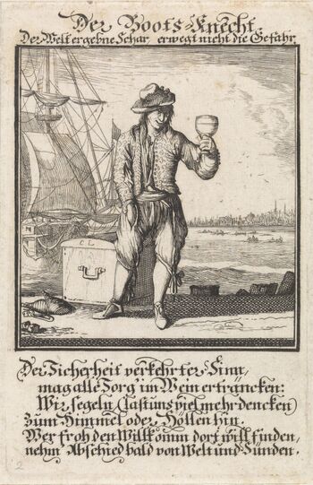 «Матрос» Каспара Лёйкена, 1698 год. Офорт из книги Кристофа Вейгеля о занятиях и ремёслах. Rijksmuseum, RP-P-1896-A-19368-1599. Изображение сопровождается нравоучительным текстом;…