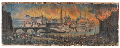 Наполеон с войсками перед горящей Москвой. Неизвестный художник, XIX век; изображение пожара 1812 года.