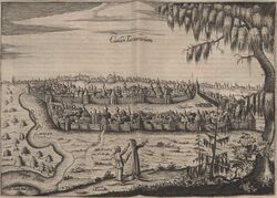 Казань. Гравюра из авторского издания 1656 года. Вид города связан с волжским маршрутом; передача отдельных зданий подчинена панорамной композиции. Polona /