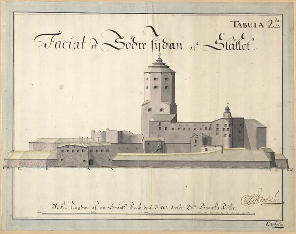Южный фасад Выборгского замка. Л. К. Стобеус и К. Н. Хольм, 1703.