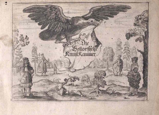 Гравированный титул «Готторпской кунсткамеры» Олеария, 1666. Он дополняет упомянутую выше связь путешествия, описания предметов и собрания редкостей в Готторпе. Это отдельное сочинение; его не следует смешивать с описанием посольства.