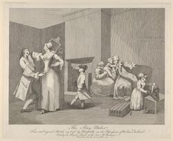 Мастер корсетов. Офорт Джозефа Хейнса, 1 февраля 1782 года, по композиции Уильяма Хогарта около 1745 года. Метрополитен-музей, 32.35(149).